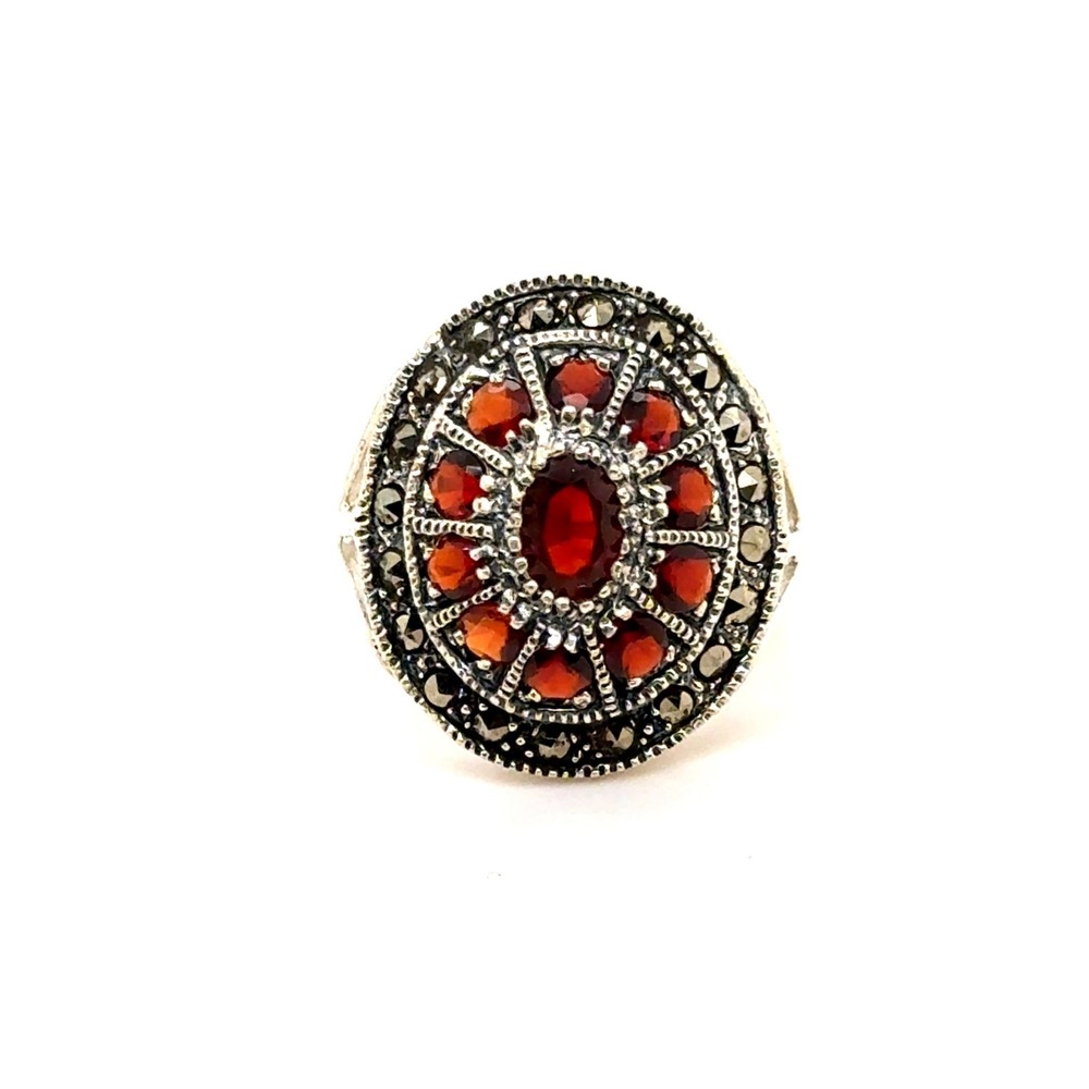 Vintage Sterling Silver Garnet Marcasite Cluster Ring Art Deco Style Size 7